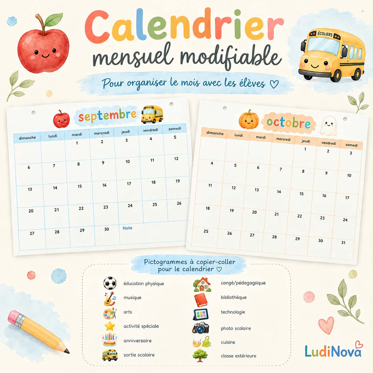 Calendrier mensuel élèves - Modifiable